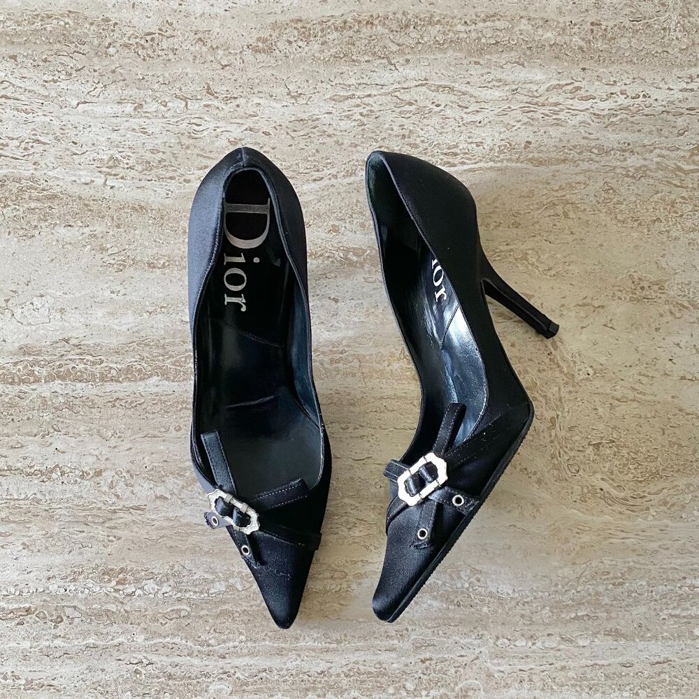 Vintage Dior Rhinestone Buckle Satin Pumps